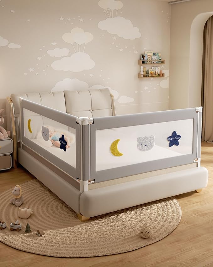 2 Piece Full Size Bed Rails for Toddlers, No-Drill Needed Baby Bed Rail Guard with Height Adjustable, Thickened Child Safety Side Railing Guards/Bedrail for Kids,Grey Star Design, 54x74.8Inches