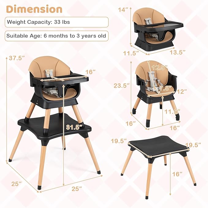 BABY JOY High Chair, 9-in-1 Convertible Highchairs for Babies and Toddlers, Booster Seat | Table & Chair Set | Stool, Adjustable Legs, Removable Tray, Safety Harness & PU Cushion (Brown)