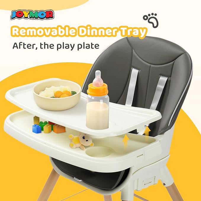 JOYMOR 5 in 1 Convertible Baby High Chair, Highchair for Babies and Toddlers, Easy Clean, Infant Highchair with Removable Double Tray & 5-Point Harness (Gray)