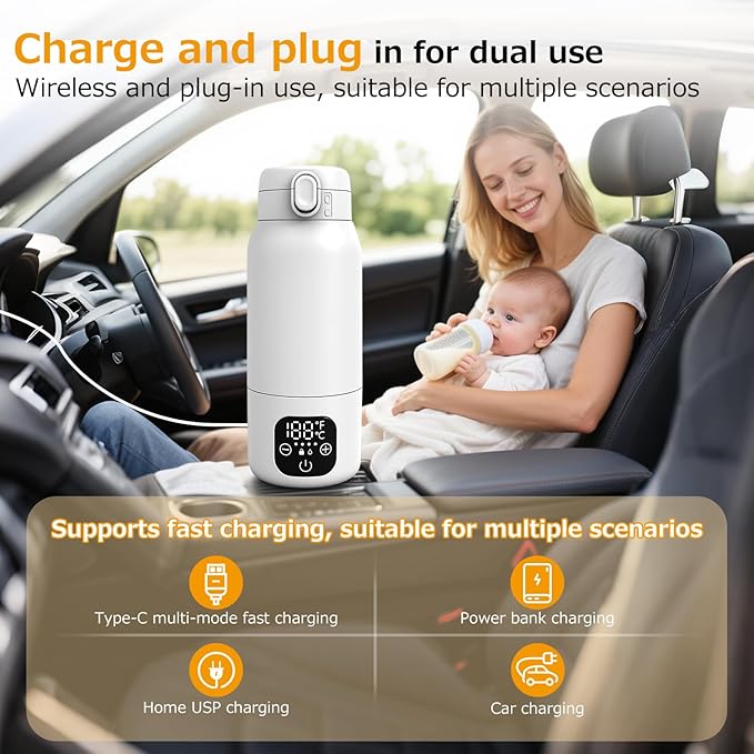 Portable Bottle Warmer for Travel,Dual Heating Modes for Breast Milk & Water,Fast Heating & Precise Temp Control,17 Ounces Portable Bottle Warmer,car,Airplane Journey,Outdoors Christmas Gifts