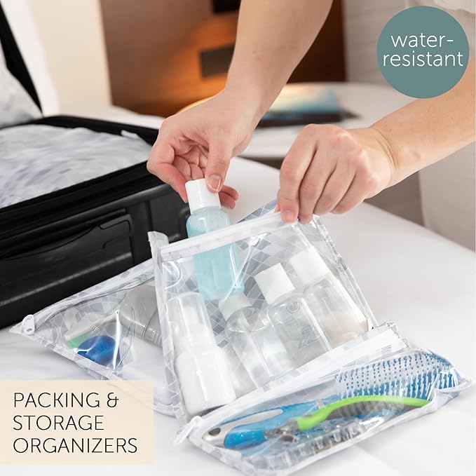 Bumkins Roamio Wet Bag and 3-Pack Clear-Sided Travel Pouches, Waterproof Organizer for Toiletries, Gym Clothes, Swim Gear, Shoes, Accessories, TSA Compliant Packing Set - Disco Ball Gray - 4 Pack