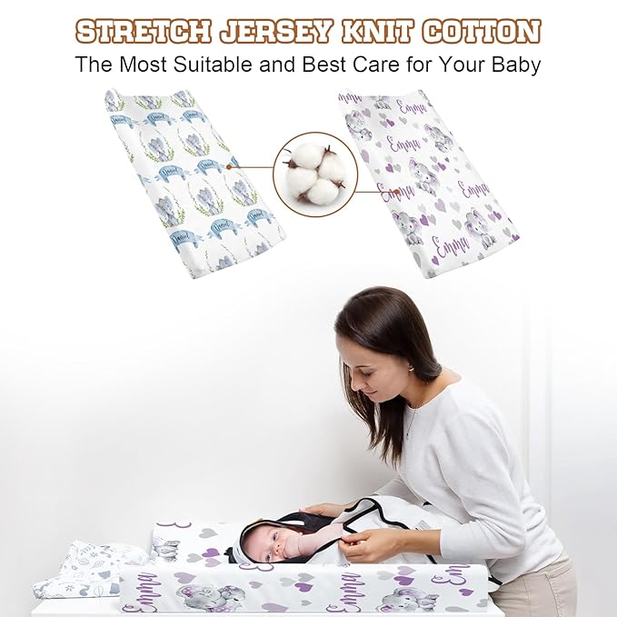 Personalized Baby Changing Pad Cover - 2 Piece Purple Elaphant Baby Pee Pad Cover Nursery Bedding with Name Portable Diaper Changing Pad Gifts for Infant