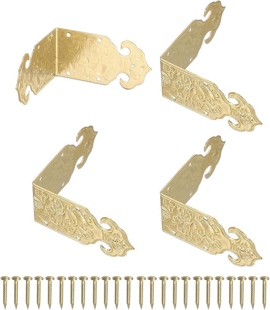 uxcell 4Pcs L Shaped Vintage Embossing Brass Decorative Corner 2 x 1 Inch Corner Protector with Mounting Nails Box Edge Guard Retro for Cabinets Furniture Decorative (Brass)