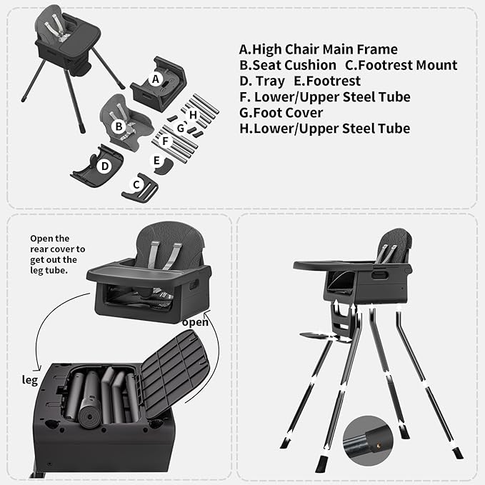 Portable High Chairs for Babies and Toddlers, Convertible Baby Feeding Chair with Tray, Easy Clean High Chair for Toddler with Foot Rest, Infant Highchairs & Booster Seats with Cushion Black