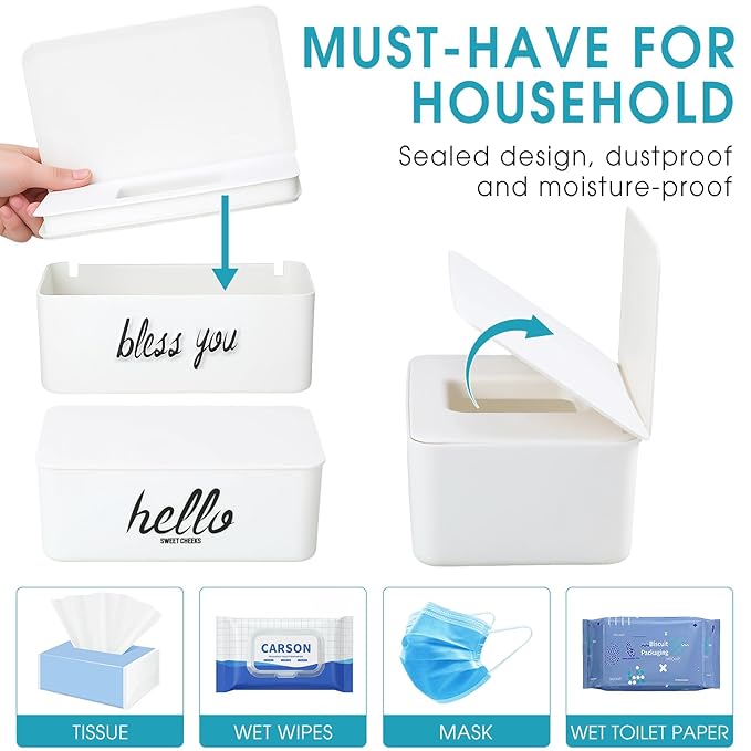 Hushee 2 Pack Wipe Dispenser Wipes Holder for Baby Adult Decorative Wipe Containers for Bathroom Home Office Cars(White)