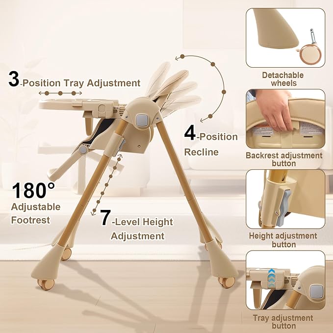 High Chairs for Babies and Toddlers, Foldable Baby High Chair with Wheels for Eating, 6 in 1 High Chair with Removable Tray, Adjustable Backrest and Height, Include 2 Bibs, Tool-Free Assembly