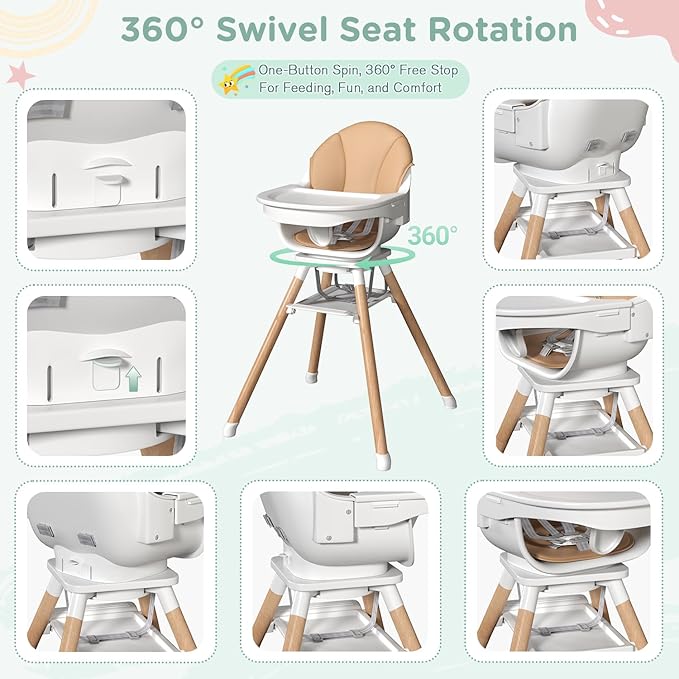 EROMMY 360° Swivel Baby High Chair,6-in-1 Convertible Wooden High Chair for Babies and Toddlers-Baby Feeding Chair with 5-Point Harness,Adjustable Highchair Features,Removable Double Tray