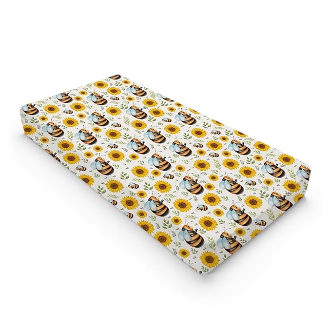 Cute Bees Sunflowers Leaves Changing Pad Cover Bees Boho Floral Diaper Change Table Pad Covers for Girls or Boys Soft Breathable Stretchy Snug Fitted Changing Sheets Mats Cover 32''x16''