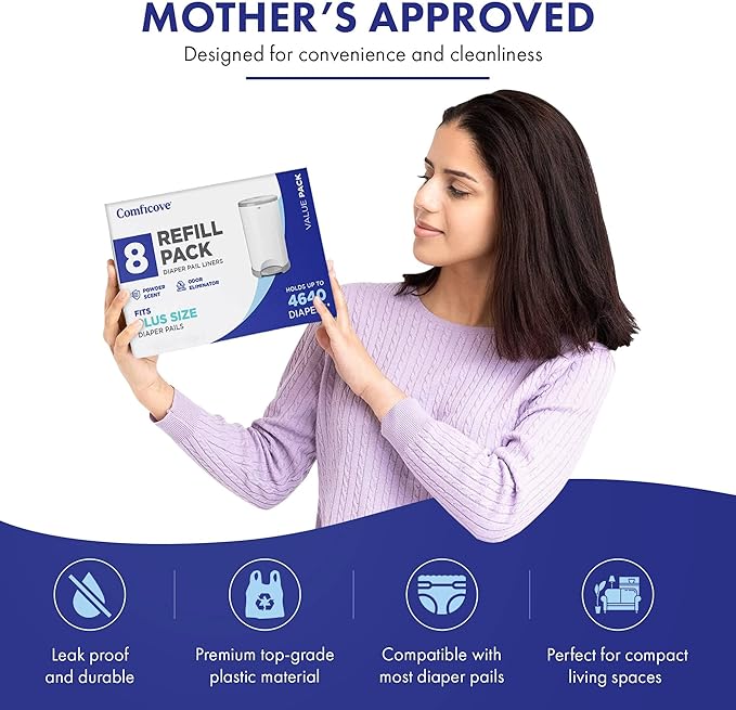 Comficove 8 Pack Dekor Plus Diaper Pail Refills, Compatible with Dekor Diaper Pail Refill Bags, Extra Thick Scented Diaper Bag Refill Liners for Odor Control