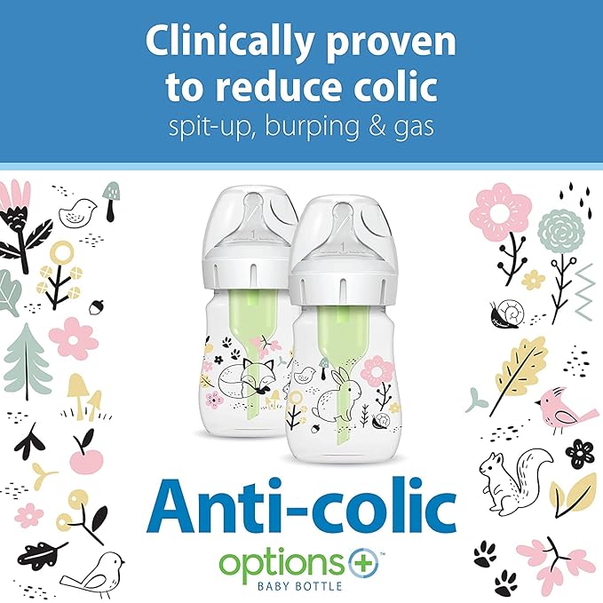 Dr. Brown's Anti-Colic Options + Wide-Neck Baby Bottle Designer Edition, Woodland Decos, 5 oz/150 mL, Level 1 Nipple, 2-Pack, 0m+ with 6-Pack Level 2 Nipples