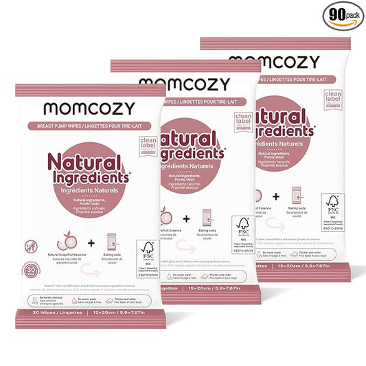 Momcozy Natural Breast Pump Wipes for Pump Parts Cleaning On-the-go, 30 Count (Pack of 3), Flash Clean & Resealable Pump Wipes