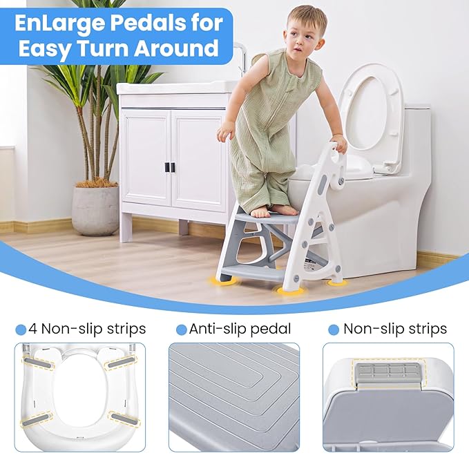 Potty Training Seat, Primlect Upgrade Ultra-Stable Toddler Toilet Seat for Kids Boys Girls, 2 in 1 Potty Training Toilet with Step Stool, Adjustable Seat and Ladder, Non-Slip Pad, Splash Guard (Grey)