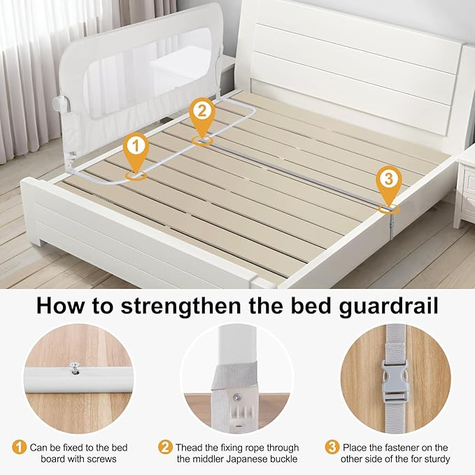Bed Rail for Toddlers,Swing Down Kids Bed Rails Guard for Twin,Full,Queen,Bunk Size Bed,Extra Tall Child Bed Rail Guard with Reinforced Anchor Safety System,59" L x 31" H,White