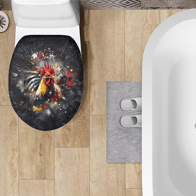 Flannel Fabric Toilet Lid Cover Rooster Print Toilet Lid Cover Bathroom Decor Suitable for Public Bathrooms Long-Term Travel Boarding
