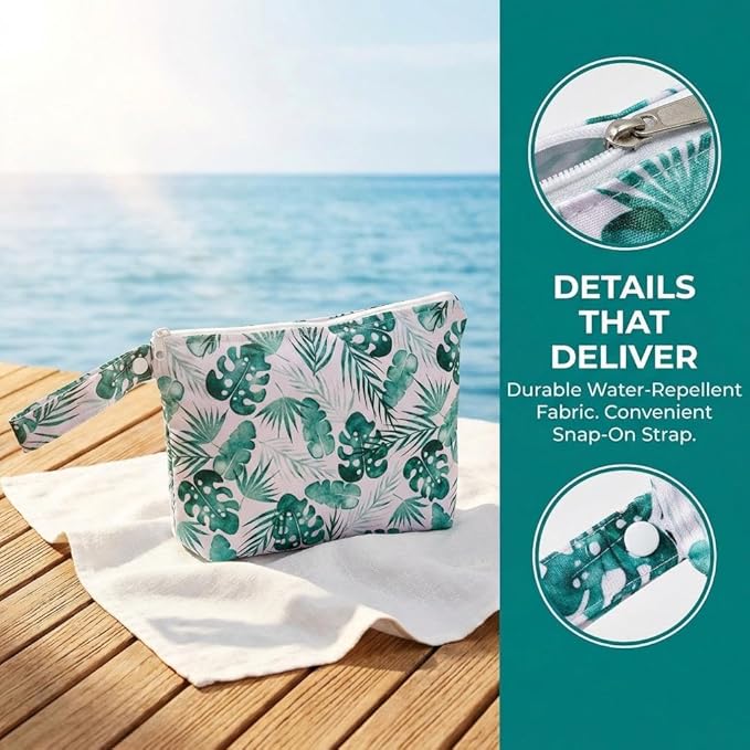 Waterproof Wet Bag with Wrist Strap, Reusable Zippered Pouch for Beach, Swim & Travel, Compact Cosmetic Toiletry Organizer Bag, 7.9 * 9.5 * 2 inches