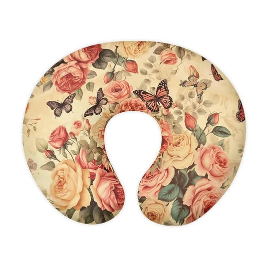 Retro Butterfly Roses Nursing Pillow Support Cover with Hidden Zipper Portable Comfortable Breastfeeding and Bottle Feeding Nursing Pillowcase for Nursery Room Car Decor
