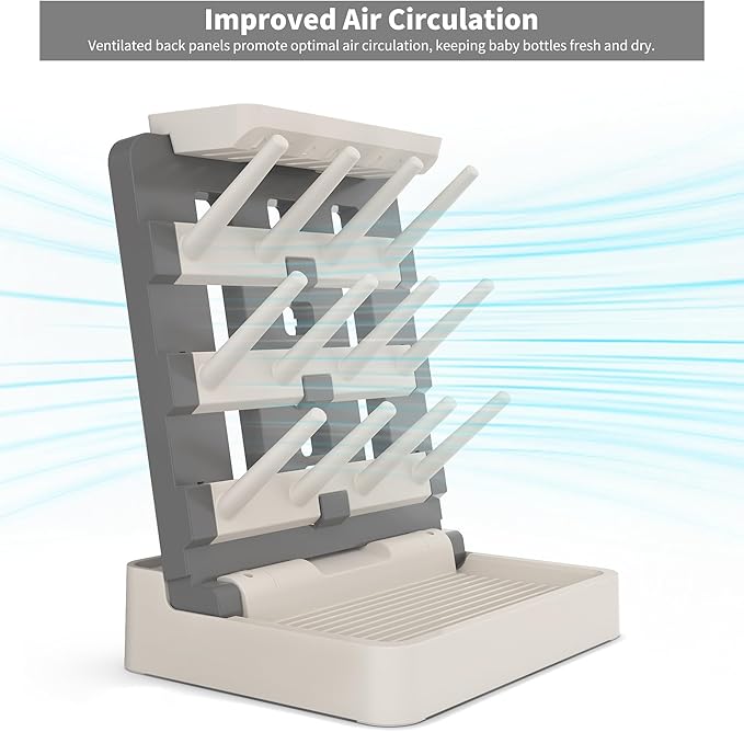 Baby Bottle Drying Rack, Vertical Standing Bottle Dryer Rack Holder-Space Saving Baby Bottle Drying Rack for Countertop-Holds Up to 12 Baby Bottles & Cup(Gray & Khaki)