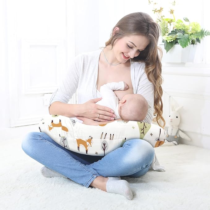 LAT Nursing Pillow for Breastfeeding,100% Cotton Removable Cover,Ergonomic Breast Feeding Pillows for Mom and Baby,Machine Washable(Fox Rabbit & Bear)