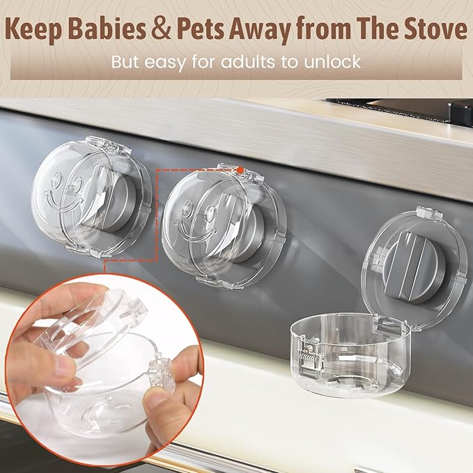 Stove Knob Safety Covers, (5+1Pack) Dual-Lucks Oven Knob Covers for Child Safety, Clear Vies, Universal Size (White)
