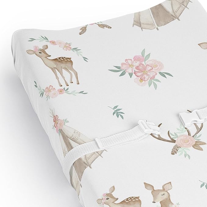 Sweet Jojo Designs Baby Changing Pad Cover Sheet (Woodland Deer Floral) for Girls, Infant/Newborn Diaper Change Table Mat Covers (Boho, Watercolor, Bohemian, Forest Animal, Shabby Chic, Flowers, Pink)