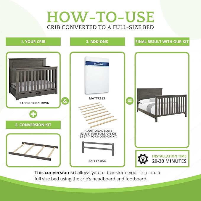 CC KITS Full-Size Conversion Kit Bed Rails Compatible with Simmons Kids Convertible Cribs by Delta Children - Solid Wood Rail - Toddler and Adult Bed Rail for Full-Size (Rustic Grey, Bolt-ON KIT)