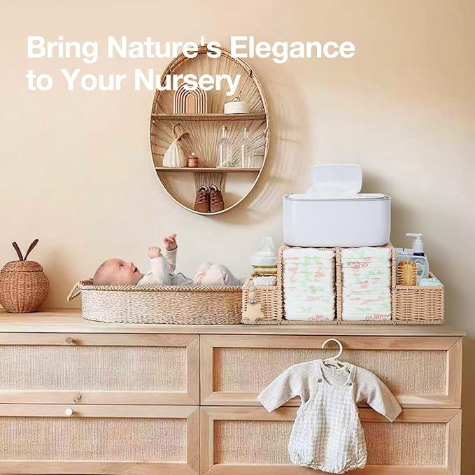 Diaper Caddy Organizer, Hand Rattan Nursery Storage Basket for Baby Essentials, Baby Changing Table Organizer Perfect Nursery Assistant (Natural Woven, L)