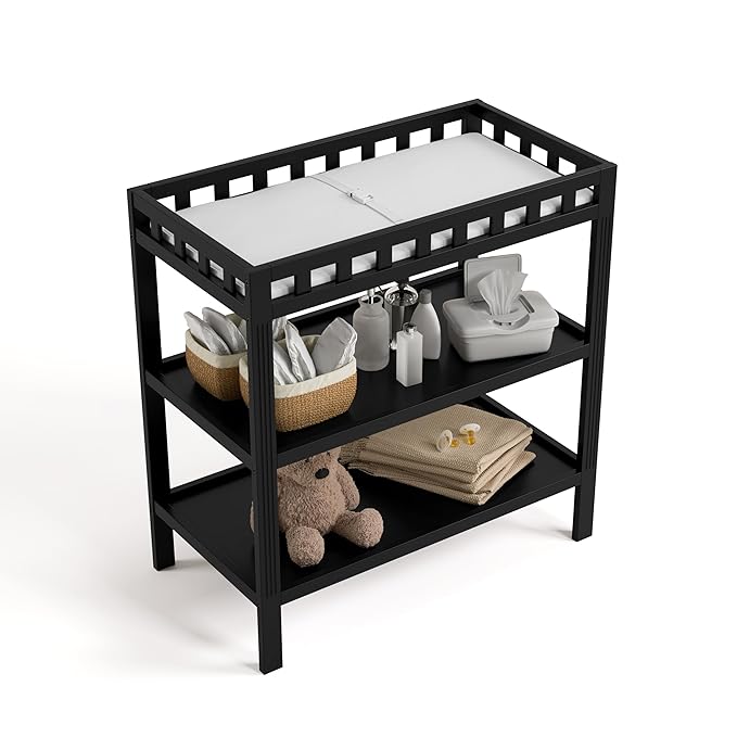 Storkcraft Morningside Changing Table (Black) – GREENGUARD Gold Certified Baby Changing Table, Includes Waterproof Diaper Changing Pad, Easy 30-Minute Assembly, 2 Open Shelves for Storage