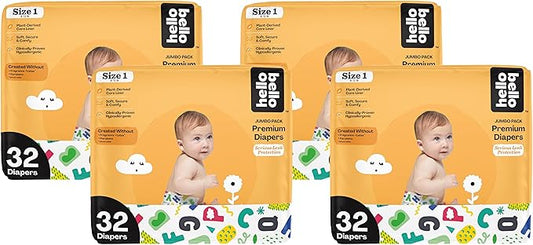 Hello Bello Premium Baby Diapers Size 1 I 32 Count of Disposable, Extra-Absorbent, Hypoallergenic Baby Diapers with Snug and Comfort Fit I Alphabet Soup (Pack of 4)