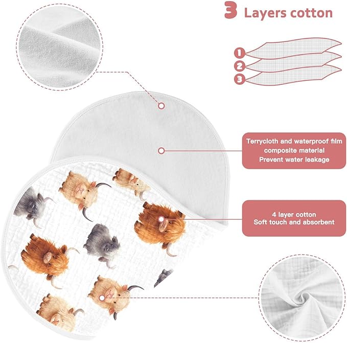 4Pcs Cute Highland Cow Pattern Burp Cloth,Unisex Large Absorbent Soft Cotton Muslin Burping Cloths for Newborn Boys Girls,11x22in,A110859