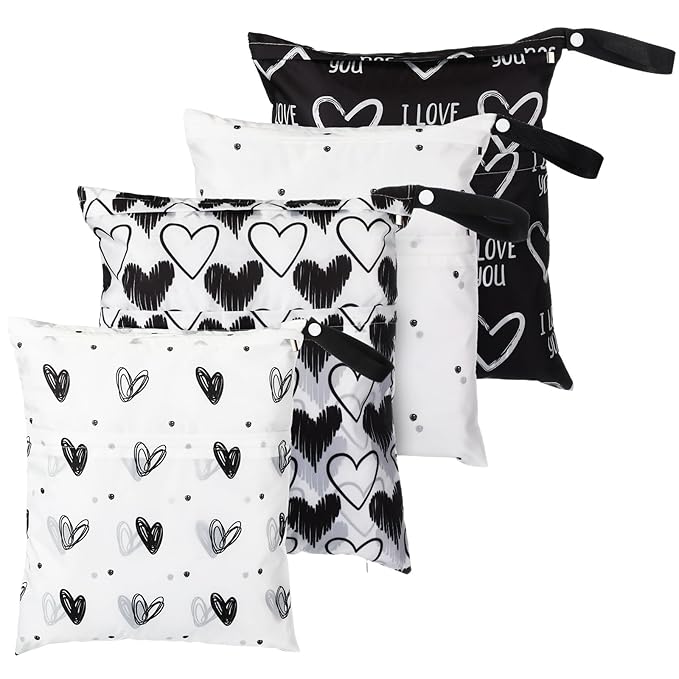 Frienda 4 Pieces Cloth Diaper Wet Dry Bag, Waterproof Reusable Washable Bag for Baby Items and Travel Zippered Pockets with Handle, Beach, Swimsuit, Dirty Gym Clothes and Toiletries(Heart)