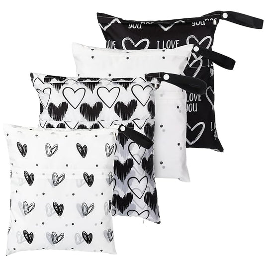Frienda 4 Pieces Cloth Diaper Wet Dry Bag, Waterproof Reusable Washable Bag for Baby Items and Travel Zippered Pockets with Handle, Beach, Swimsuit, Dirty Gym Clothes and Toiletries(Heart)