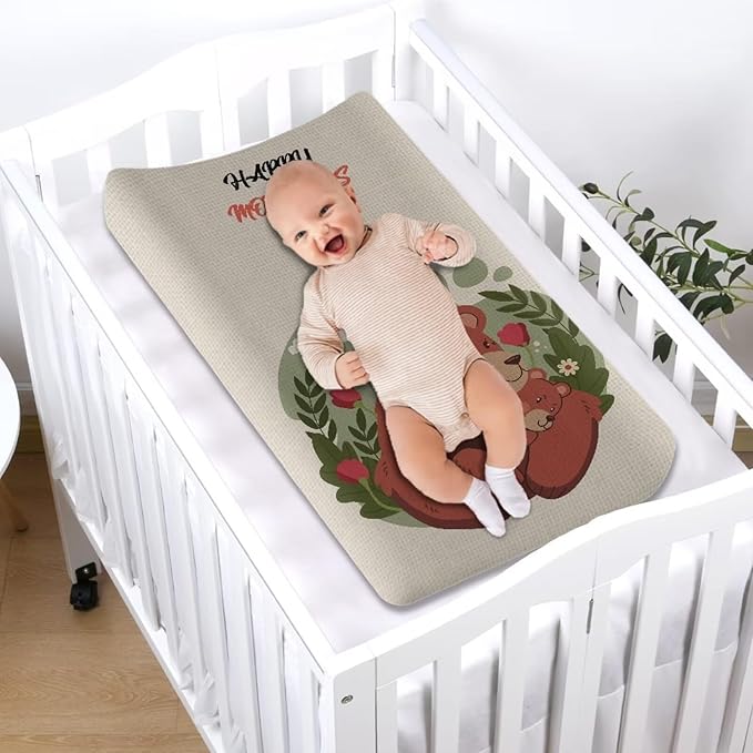 Bear Mom Change Pad Covers, Water Resistant Baby Diaper Change Table Covers Soft Contoured Pad Covers for Newborn Baby Boys Girls