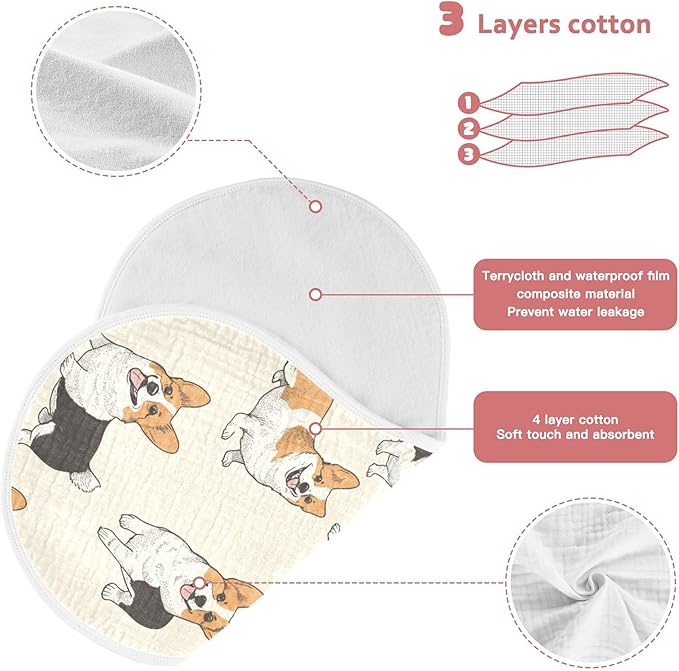 Cute Corgis Dogs Burp Cloths Baby Boys Girls Absorbent Soft Cotton Burping Cloths Rags 4 Pack