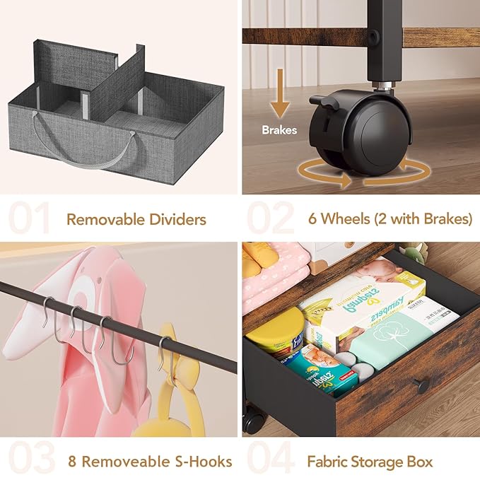 BBLIKE 3in1 Diaper Caddy Organizer - Diaper Caddy & Rolling Diaper Cart with Kids Clothing Rack for Nursery and Baby Essentials, Multi-Function Utility Cart for Bedroom and Bathroom, Black&Brown