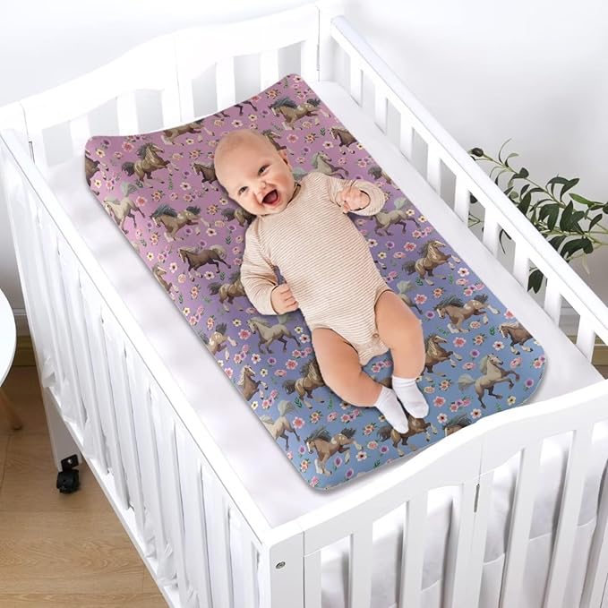 Stretchy Diaper Changing Table Cover, Snug and Soft Change Table Pad Covers Fit 16 * 32 Inches, Running Horse Floral