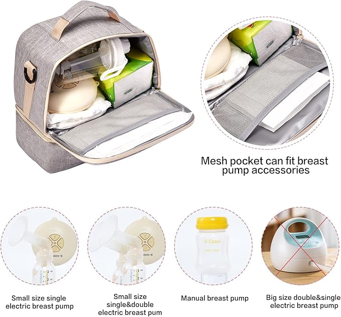 Breast Pump Bag Cooler Compartment Moistureproof Bag Double Layer for Mother Breast Milk Pump Lunch Bag Outdoor Working (Grey)