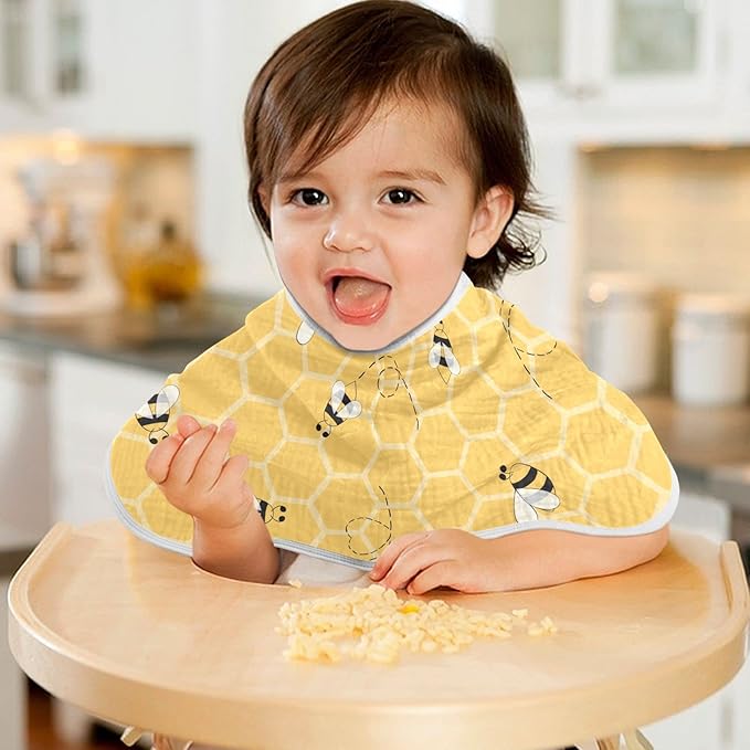 Cute Bee On Honey Yellow Honeycomb Muslin Burp Cloths for Baby 4 Pack 100% Cotton Baby Washcloths Bibs for Boy Girl