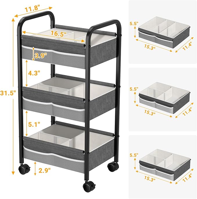 Baby Diaper Caddy Rolling Utility Cart, 3 Tier Baby Essentials Nursery Organizer and Storage with Dividers and Drawers for Crib, Bedroom, Art & Craft Organizer (Black)