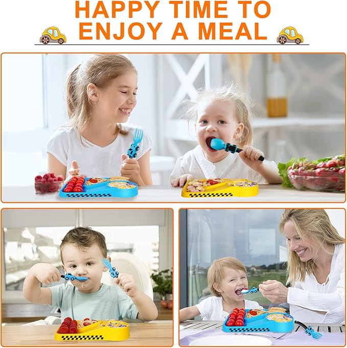 Deinyi Construction Toddler Utensils - Toddler Forks and Spoons - Kids Construction Truck Utensils - Forks and Spoons Silverware Set - Christmas Birthday Gift for 1 2 3 4 5 year old, Blue
