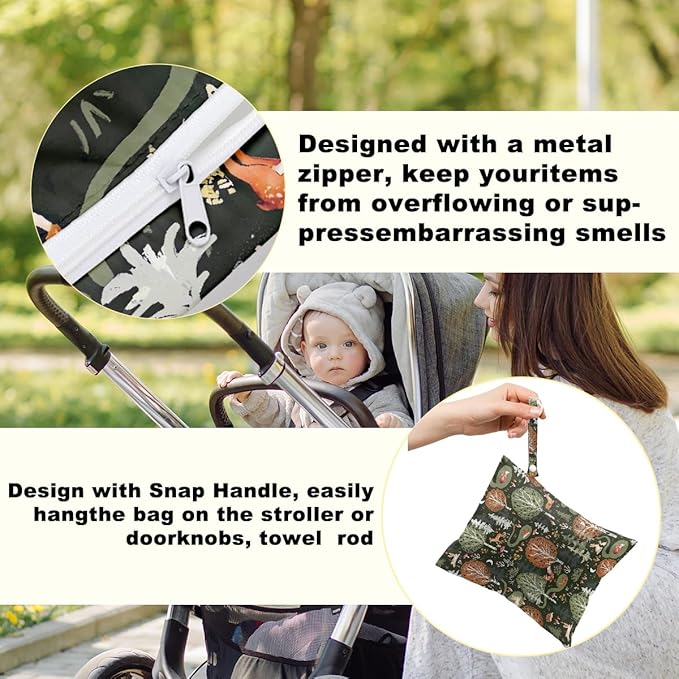 2Pcs Forest Animals Print Wet Bags, Wet Dry Bag Reusable for Swimsuit, Travel, Diapers, Pool, Beach, Dirty Yoga Gym Clothes, Toiletries, Makeup Bag, Zipper Pouch Waterproof Birthday Christmas Gifts