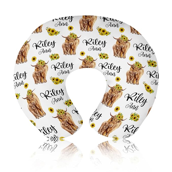 Baby Nursing Pillow Cover - Personalized Name Breastfeeding Pillow Cover with Highland Cattles Pattern, Stretchy Removable U-Shaped for New Moms, Soft Breathable Slipcover for Infant Boys Girls