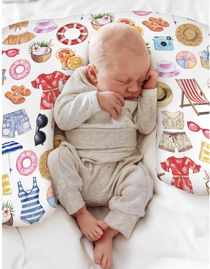 Watercolor Girl Beach Days Baby Nursing Pillow Covers for Boy Girl Summer Seaside Nursing Pillow Slipcovers for Breastfeeding Pillows Beach Vacation Holiday Soft Stretchy Cover for Newborn Infant