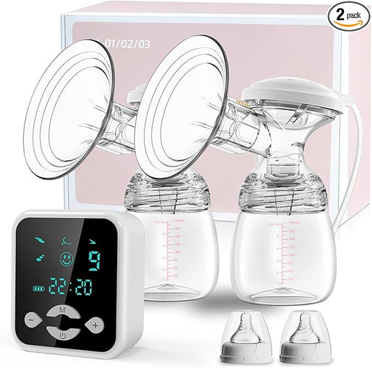 Lulia Double Electric Breast Pump, Anti-Backflow & LED Display, Breastfeeding Pump 4 Modes & 9 Levels, Portable Breast Pumps with 24mm Flange, White-2P