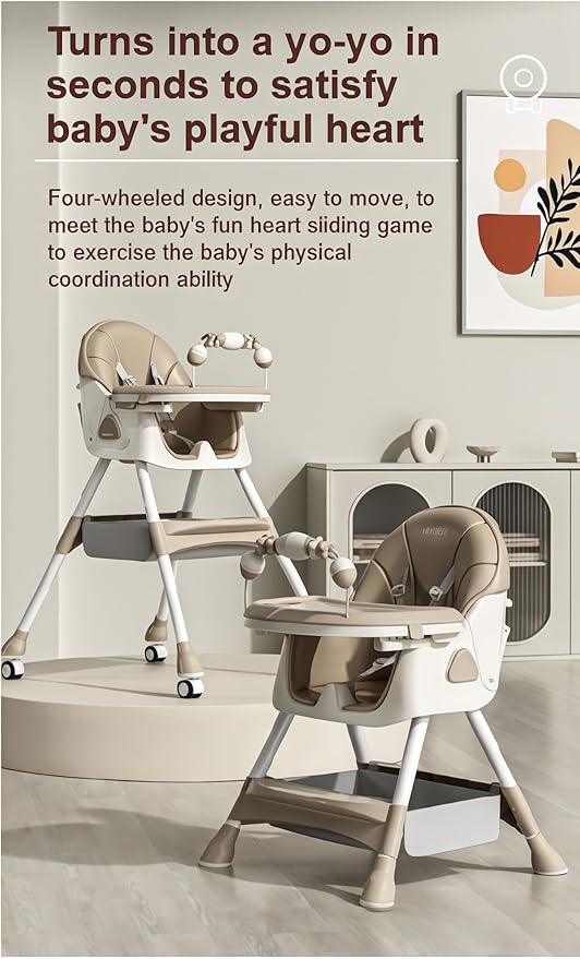 Nine point nine PU Leather High Chairs with Rocking Mode, High Chair for Babies and Toddlers, Easy to Fold Highchair, Adjustable Highchairs with Double Tray (560 Grey)