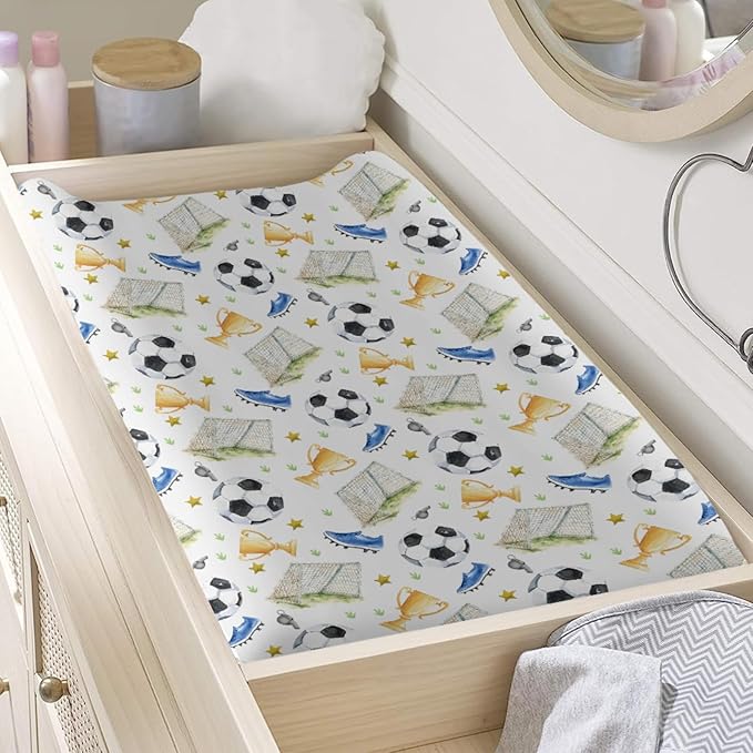 Watercolor Soccer Balls Shoes Stars Pattern Baby Changing Pad Cover, Unisex Sports Theme Nursery Diaper Changing Table Pad Mat Sheet for Boys Girls-16x32