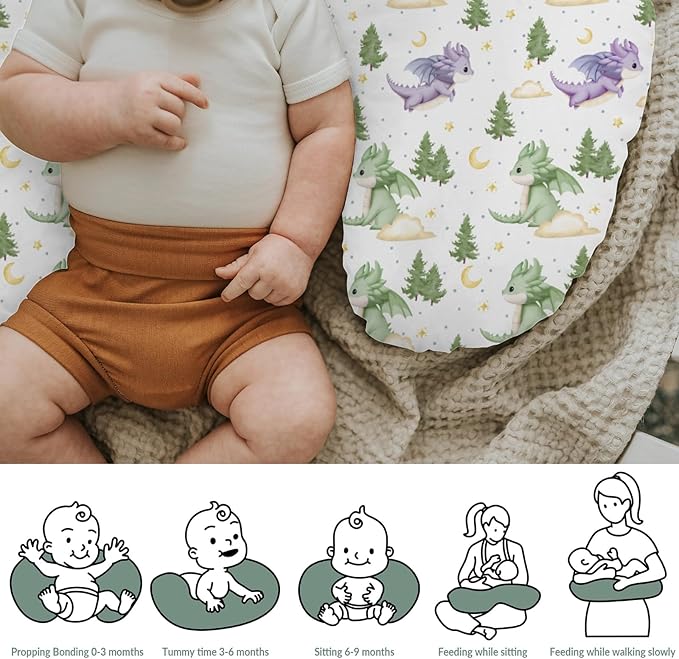 Fantasy Dragons Baby Nursing Pillow Covers for Boy Girl Fairytale Dragon Stars Trees Moon Clouds Nursery Pillowcase for Breastfeeding Pillows Cute Animal Soft Stretchy Slipcovers for Newborn Infant