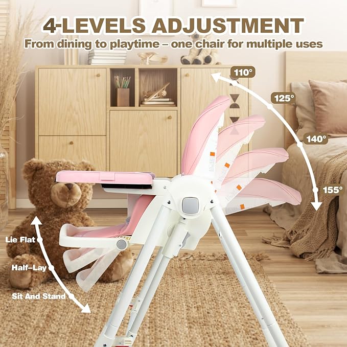 High Chairs for Babies and Toddlers Foldable High Chair Adjustable with Reclining Seat & Leg Rest, 3-in-1 Convertible Baby Rocker with Tool-Free Assembly (Pink)