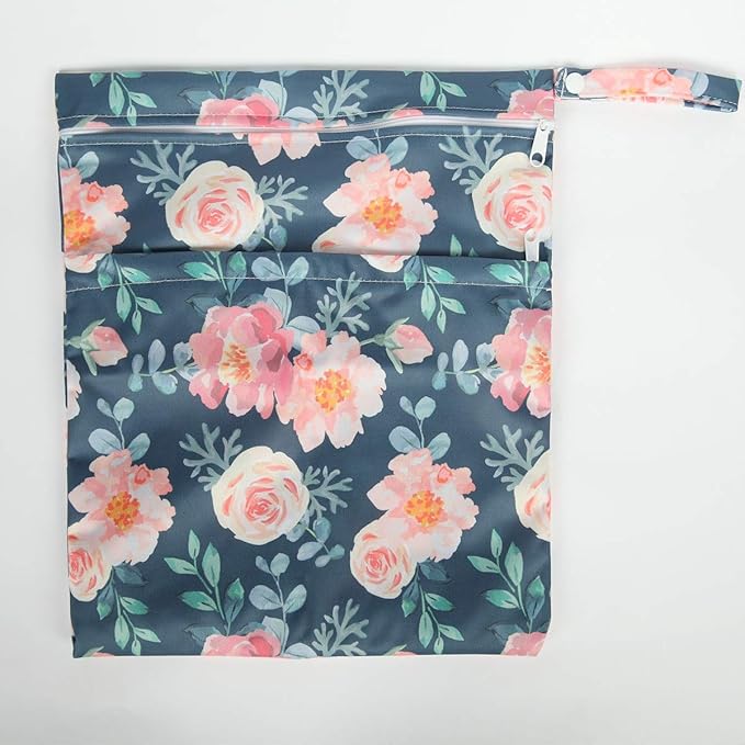 2 Wet Bags Diaper Bags With Two Zippered Pockets Reusable (Pink Foliage and Floral)