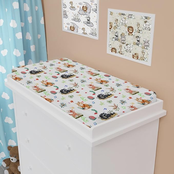 Spring Animals Floral Baby Changing Pad Covers Cute Raccoon Deer Bird Butterflies Change Table Cover for Boys Girls Soft Stretch Fitted Diaper Changing Mat Sheets 32''x16''