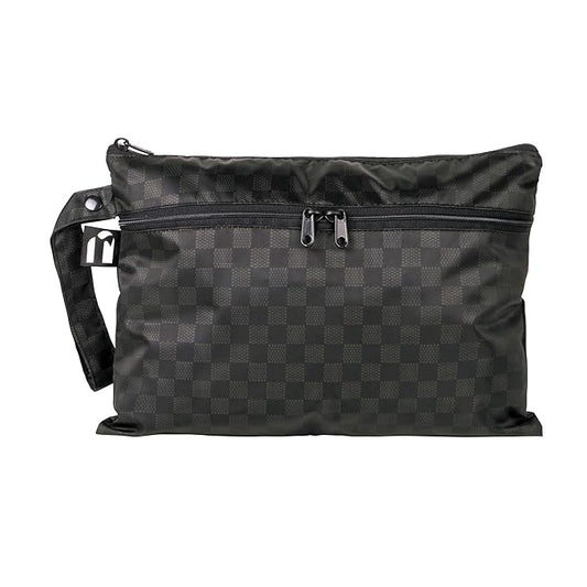 Bumkins Roamio Waterproof Wet Dry Clutch Bag for Baby, Travel, Swim Suits, Cloth Diapers, Pump Parts, Pool, Gym Clothes, Toiletry, Hook to Stroller, Pack for Daycare, Zip Bag Pouch, Black Check